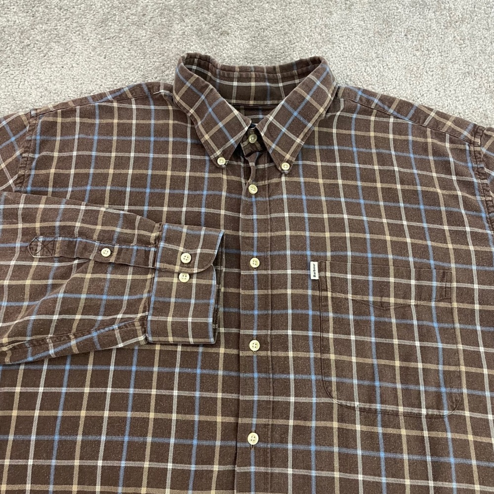 Barbour Mens 2XL Long Sleeve Button Down Shirt Brown Plaid Heritage Regular Fit